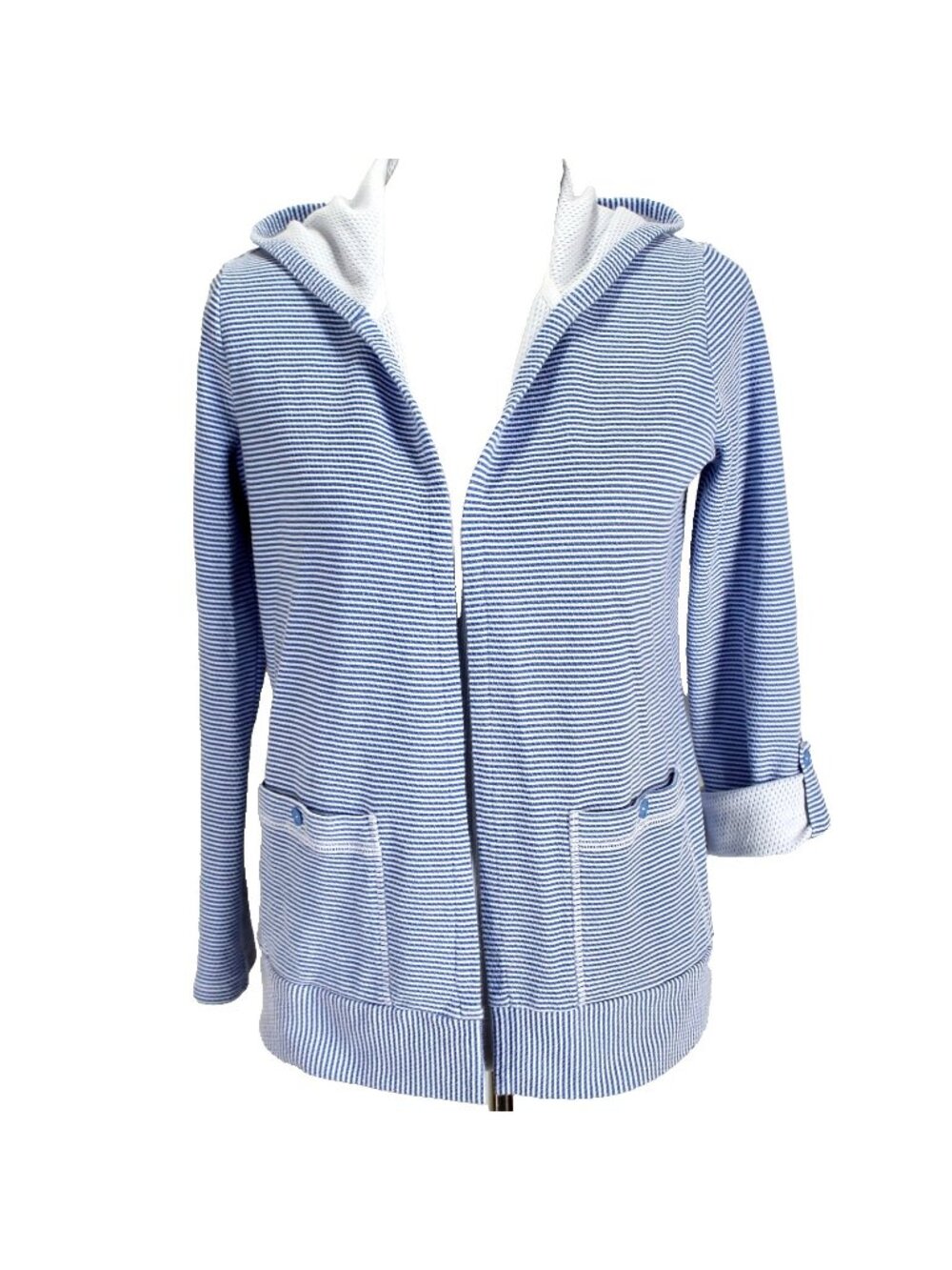 Talbots Hooded Cardigan Womens Sz S Blue White Stripe Open Front Roll Tab Sleeve